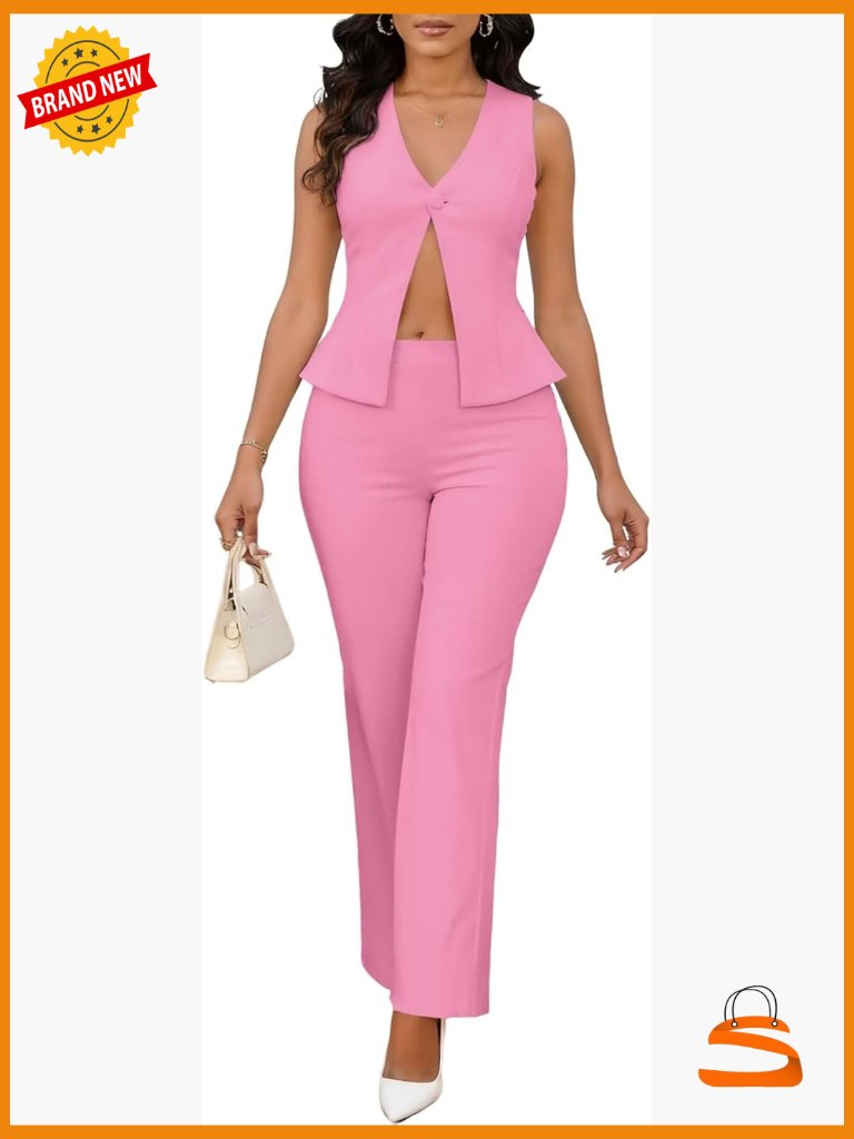 2 Piece Pantsuit Set Sleeveless Backless Blazer Vest Straight Leg Pants